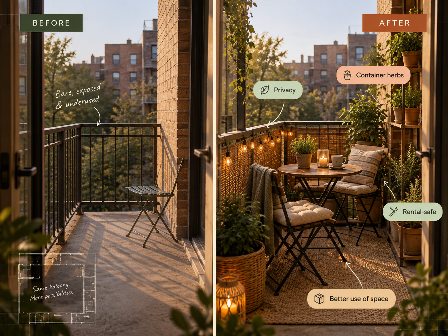 Tiny apartment balcony with plants, chair and compact shelving