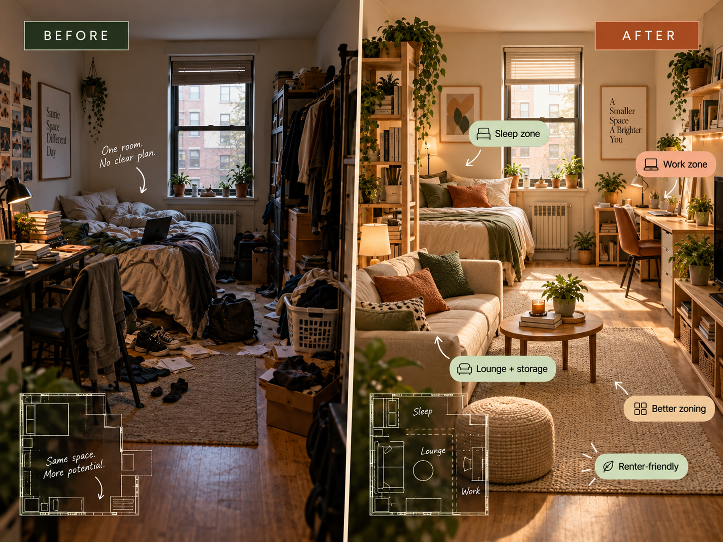 Compact studio apartment showing separate functional zones for sleeping and living